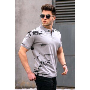 Madmext Men's Polo Neck Patterned Painted Gray T-Shirt