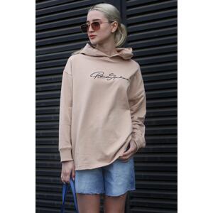 Madmext Beige Women's Embroidered Hoodie Sweatshirt