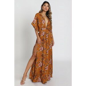 Madmext Mustard Patterned Slit Detail Long Dress