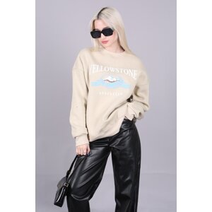 Madmext Beige Crew Neck Printed Sweatshirt