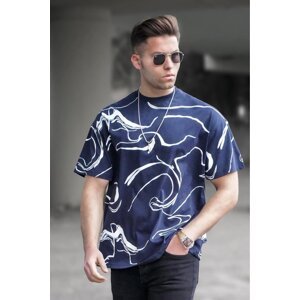 Madmext Men's Patterned Navy Blue T-Shirt 5362