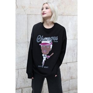 Madmext Black Printed Oversized Sweatshirt
