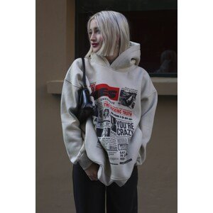 Madmext Women's Beige Printed Oversized Hoodie Sweatshirt