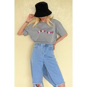 Madmext Dyed Gray Printed Oversize T-Shirt