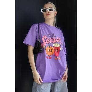 Madmext Lilac Printed Crew Neck Women's T-Shirt