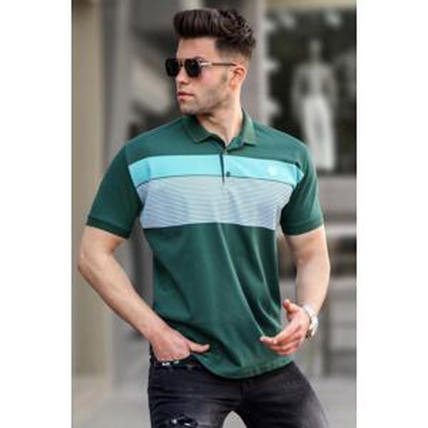 Madmext Green Striped Polo Neck Men's T-Shirt 5864
