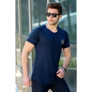 Madmext Ripped Detailed Navy Blue T-Shirt T4002