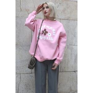 Madmext Pink Crew Neck Printed Sweatshirt