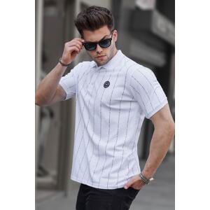 Madmext White Buttoned Striped Polo Neck T-Shirt 5879