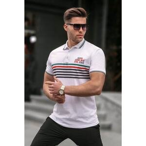 Madmext White Striped Polo Neck T-Shirt 5869