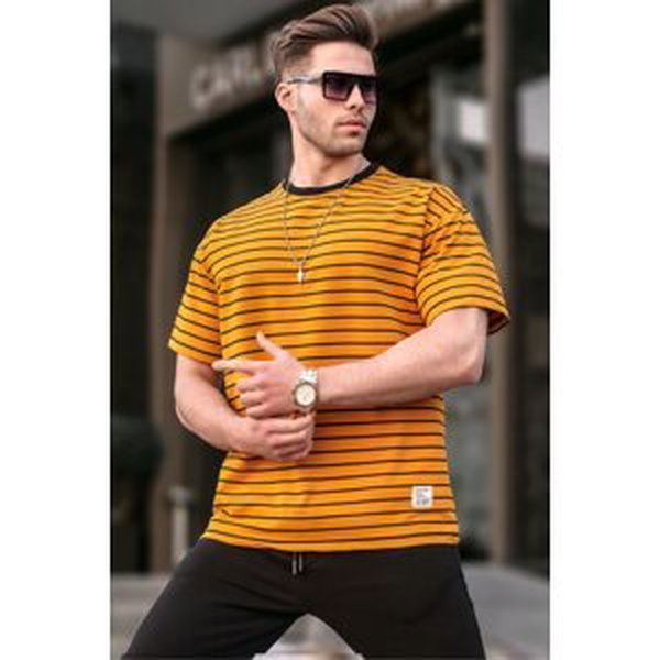 Madmext Men's Yellow Crew Neck Striped Basic T-Shirt 6064