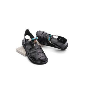 Marjin Women's Genuine Leather Accessoried Eva Sole Daily Sandals Kevas Black