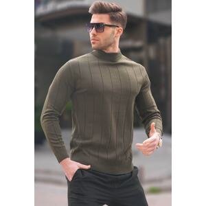 Madmext Khaki Slim Fit Half Turtleneck Striped Anti-Pilling Men's Knitwear Sweater 6344