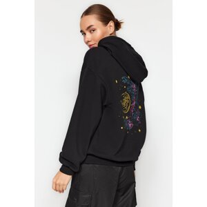 Trendyol Black Thick Fleece Inside Hoodie. Front and Back Printed Oversized Knitted Sweatshirt
