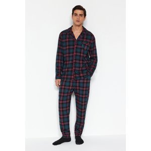 Trendyol Navy Blue Regular Fit Plaid Knitted Pajamas Set