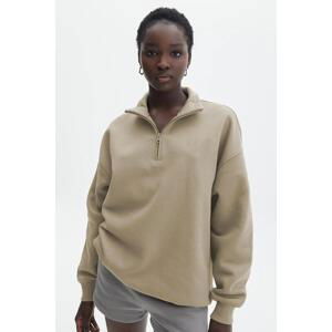 Madmext Beige Zipper Detailed Oversized Sweatshirt