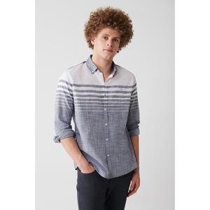 Avva Men's Navy Blue 100% Cotton Buttoned Collar Linen Look Striped Slim Fit Slim Fit Shirt