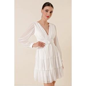 By Saygı Layered Chiffon Dress with Windows at the sides, ties at the back, Buckle Waist and Ecru.