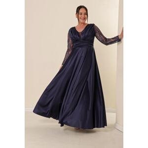 By Saygı Plus Size Long Satin Evening Dress Navy Blue with Tulle Sleeves and Glitter Detail and Pleated Front