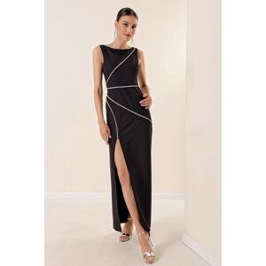 By Saygı Shiny Stone Detailed Sleeveless Slit Long Crepe Dress Black.