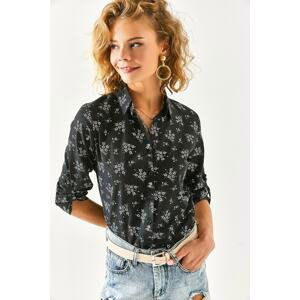 Olalook Women's Black Floral Sleeve Fold Linen Shirt