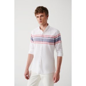 Avva Men's Gray Buttoned Collar 100% Cotton Linen Look Panel Pattern Slim Fit Slim Fit Shirt