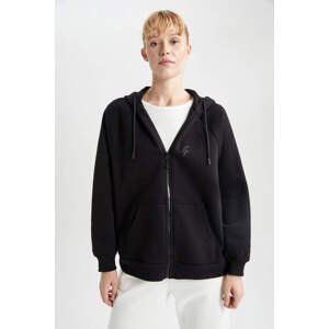 DEFACTO Oversize Fit Double Pocket Slogan Thick Sweatshirt Fabric Cardigan