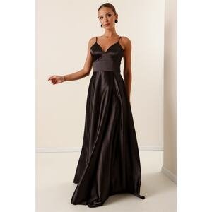 By Saygı Lined Long Satin Dress Black With Rope Straps Cross-Tie Back