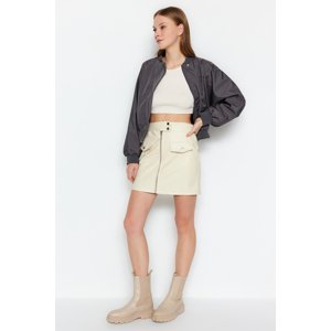 Trendyol Ecru Belt and Zipper Detailed Faux Leather Mini Woven Skirt