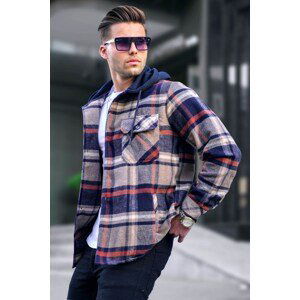 Madmext Navy Blue Hooded Plaid Lumberjack Shirt 5577