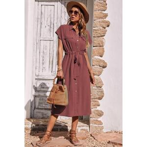 Madmext Burgundy Shirt Collar Long Dress