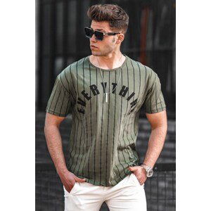 Madmext Striped Printed Khaki T-Shirt 3007