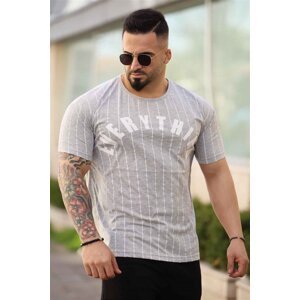 Madmext Striped Printed Gray T-Shirt 3007