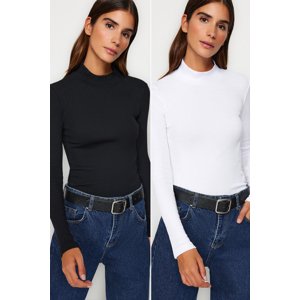 Trendyol Black-White 2 Pack Ribbed Stand Collar Fitted Long Sleeve Stretchy Knitted Blouse