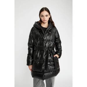 DEFACTO Waterproof Regular Fit Hooded Faux Leather Long Puffer Jacket