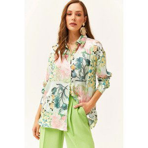 Olalook Women's Pastel Multicolor Patterned Oversize Satin Shirt