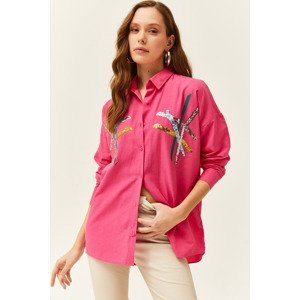 Olalook Women's Fuchsia Color Sequin Stick Woven Shirt