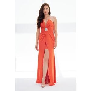 Carmen Orange Satin Front Slit Aller Sleeve Long Evening Dress