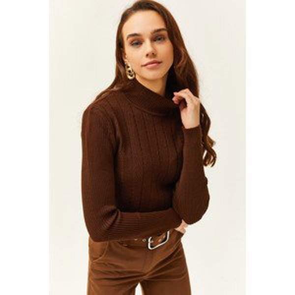 Olalook Women's Bitter Brown Half Turtleneck Zigzag Textured Soft Knitwear Sweater