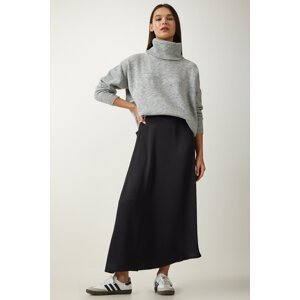 Happiness İstanbul Women's Black Asymmetrical Formed Satin Surface Skirt