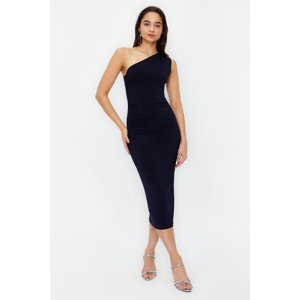 Trendyol Navy Blue One Shoulder Draped Fitted Maxi Flexible Knitted Midi Dress