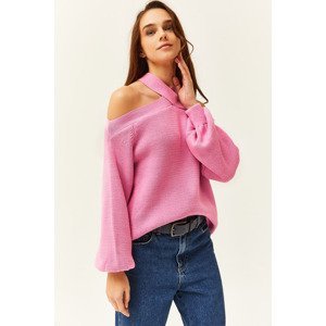 Olalook Women's Candy Pink Cross Neck Knitwear Sweater