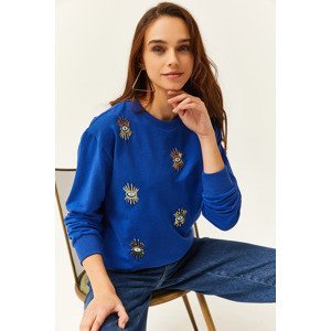Olalook Women's Saks Blue Eye Embroidered Seasonal Sweatshirt