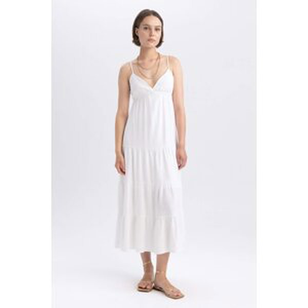 DEFACTO V-Neck linen Maxi Short Sleeve Woven Dress