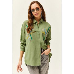 Olalook Women's Mustard Green Color Sequin Stick Woven Shirt