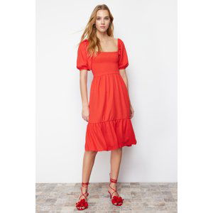 Trendyol Vivid Red Waist Drop/Skater Square Neck Balloon Sleeve Midi Crepe Knit Dress