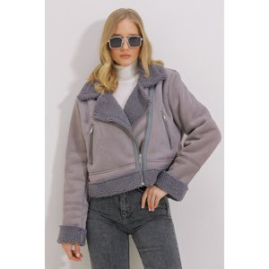 Trend Alaçatı Stili Women's Gray Shearling Nubuck Coat