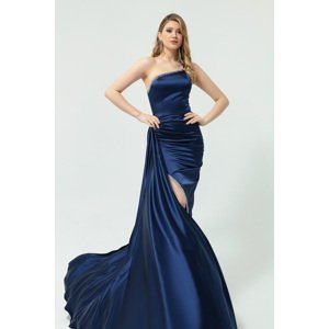 Lafaba Women's Navy Blue One-Shoulder Long Satin Evening Dress with Stones.