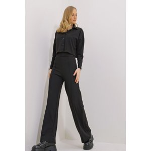 Trend Alaçatı Stili Women's Black Thessaloniki Knitted Crop Shirt And Grassy Palazzo Trousers Double Suit
