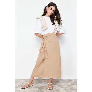 Trendyol Camel Double-breasted Tie Detailed Woven Linen Look Skirt
